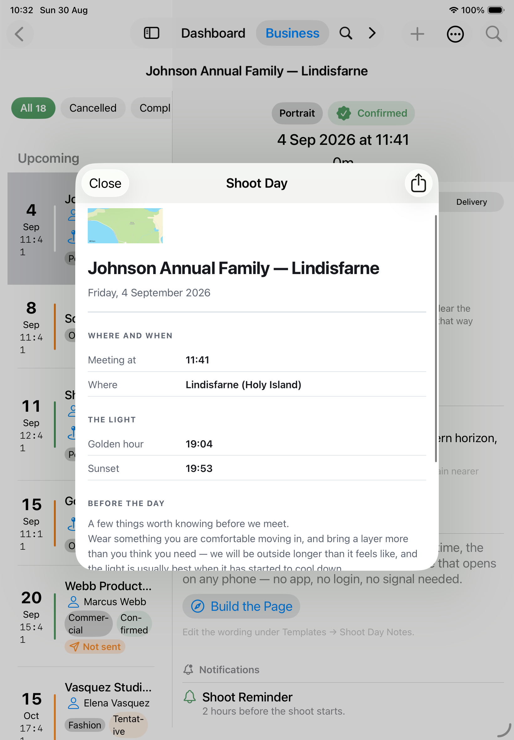 Screenshot: The Shoot Day Page preview on iPhone. A web page headed with the booking title and the date in full, then a "Where and when" section with Meeting at, Where and Address, a map of the location below it, a "The light" section giving golden hour and sunset, a "Before the day" paragraph, and "Reaching me" with a phone number and email. A Share button sits in the toolbar.