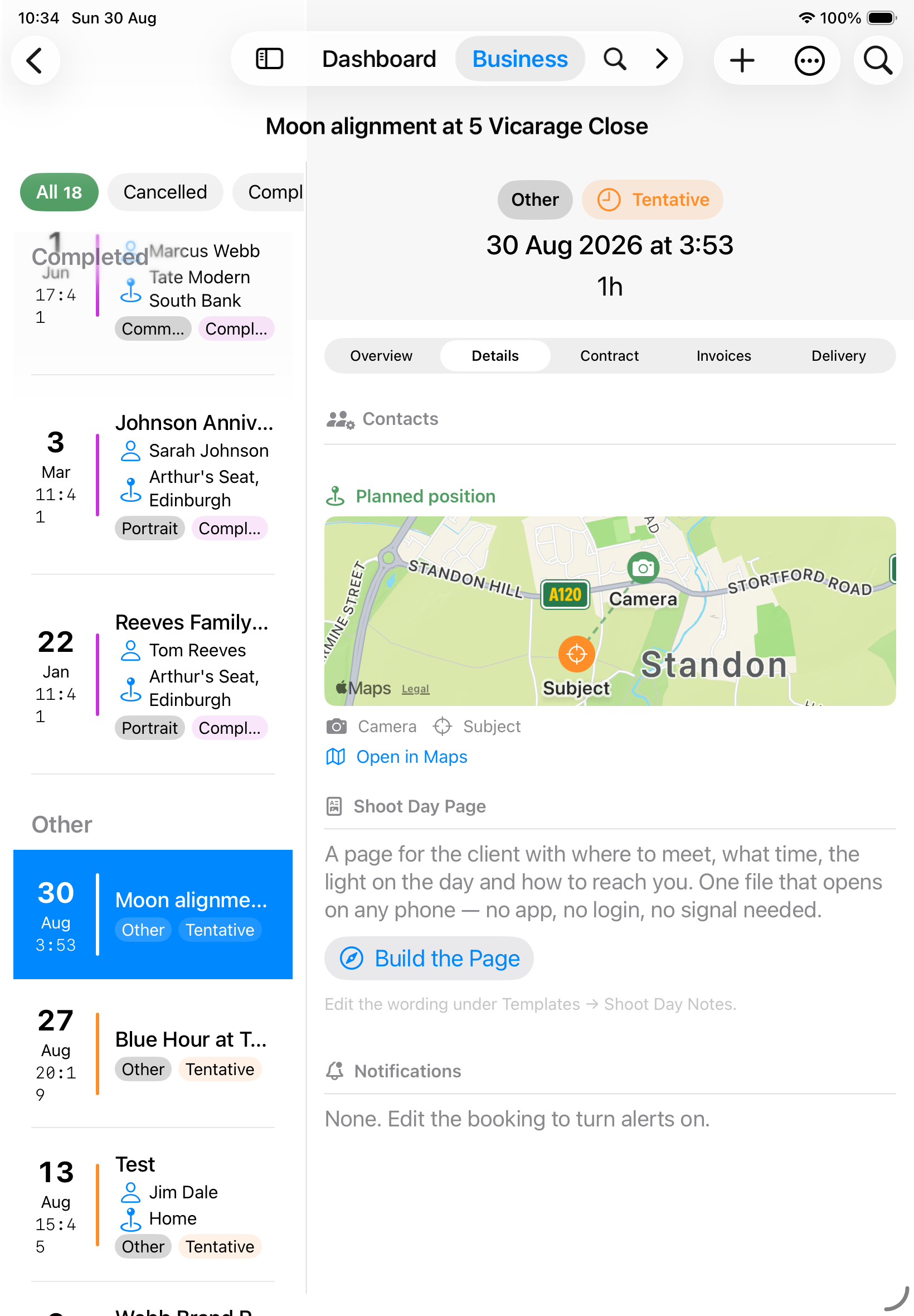 Screenshot: A booking's Overview, showing the planned position card. A small map fills the width with two pins on it — a camera pin and a subject pin — joined by a dashed line, a legend beneath reading Camera and Subject, and an Open in Maps button below that.