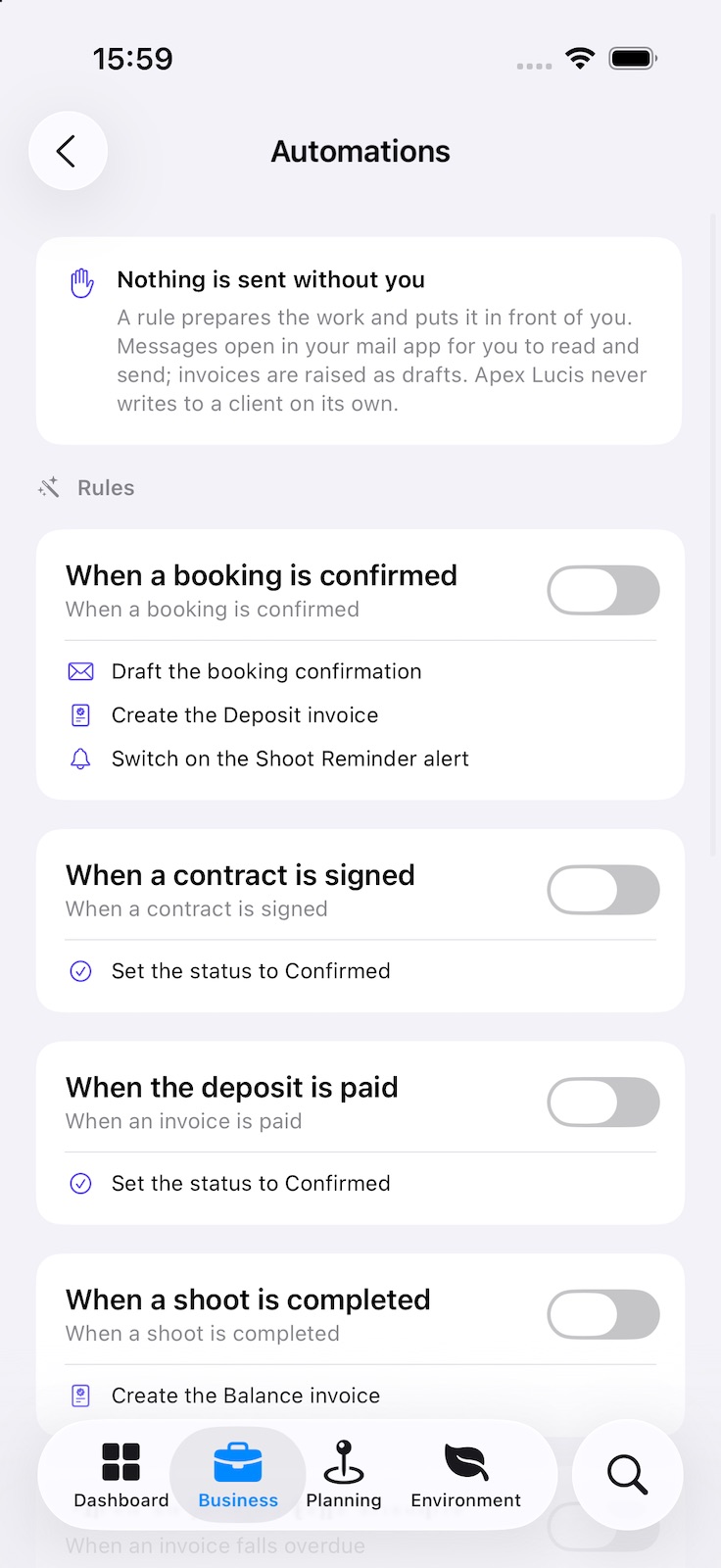 Automations: a note that rules only prepare work and never contact a client on their own, then switchable rules such as “When a booking is confirmed” (draft the confirmation, create the deposit invoice, switch on the shoot reminder) and “When a shoot is completed” (create the balance invoice).