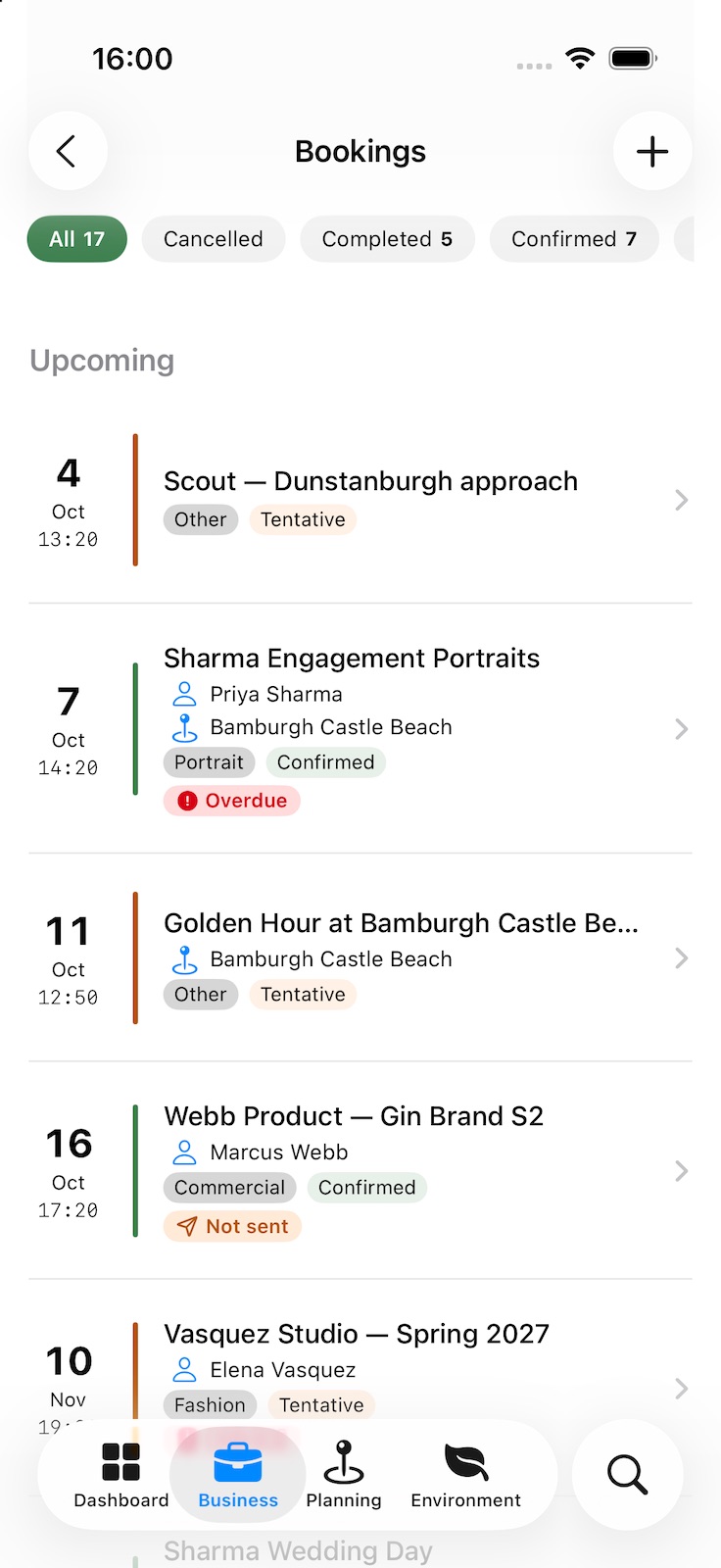 The Bookings list, filtered by status, with upcoming shoots by date. Each row shows the client, location, shoot type and status, with flags for an overdue invoice or an unsent contract.