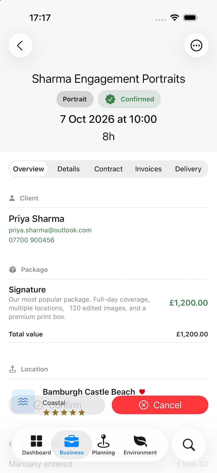 A booking’s Overview tab: the client with email and phone, the package with its description and price, and the location with its rating. Tabs along the top lead to Details, Contract, Invoices and Delivery.