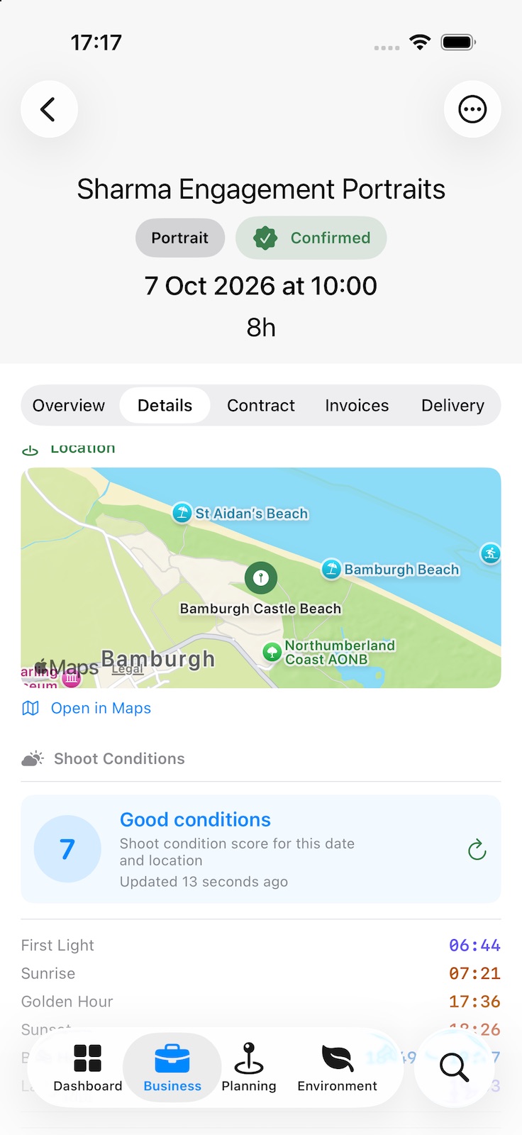 A booking’s Details tab: a map of the location with Open in Maps, then Shoot Conditions for the day — first light, sunrise, golden hour, sunset, blue hour and last light — and the length of shadows.