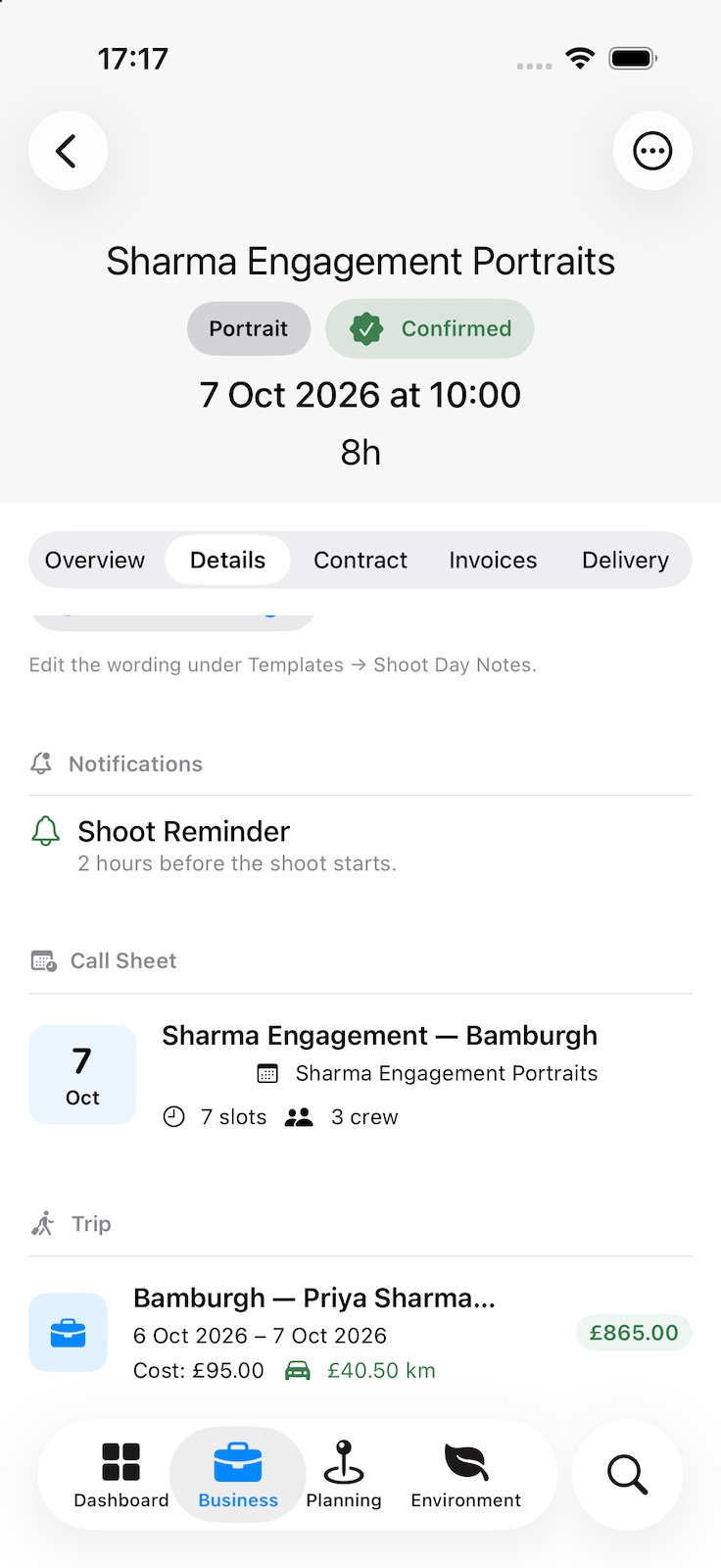 More of the Details tab: a Shoot Reminder set for two hours before, the call sheet for the day with its slots and crew, and the trip with its dates, cost and mileage.