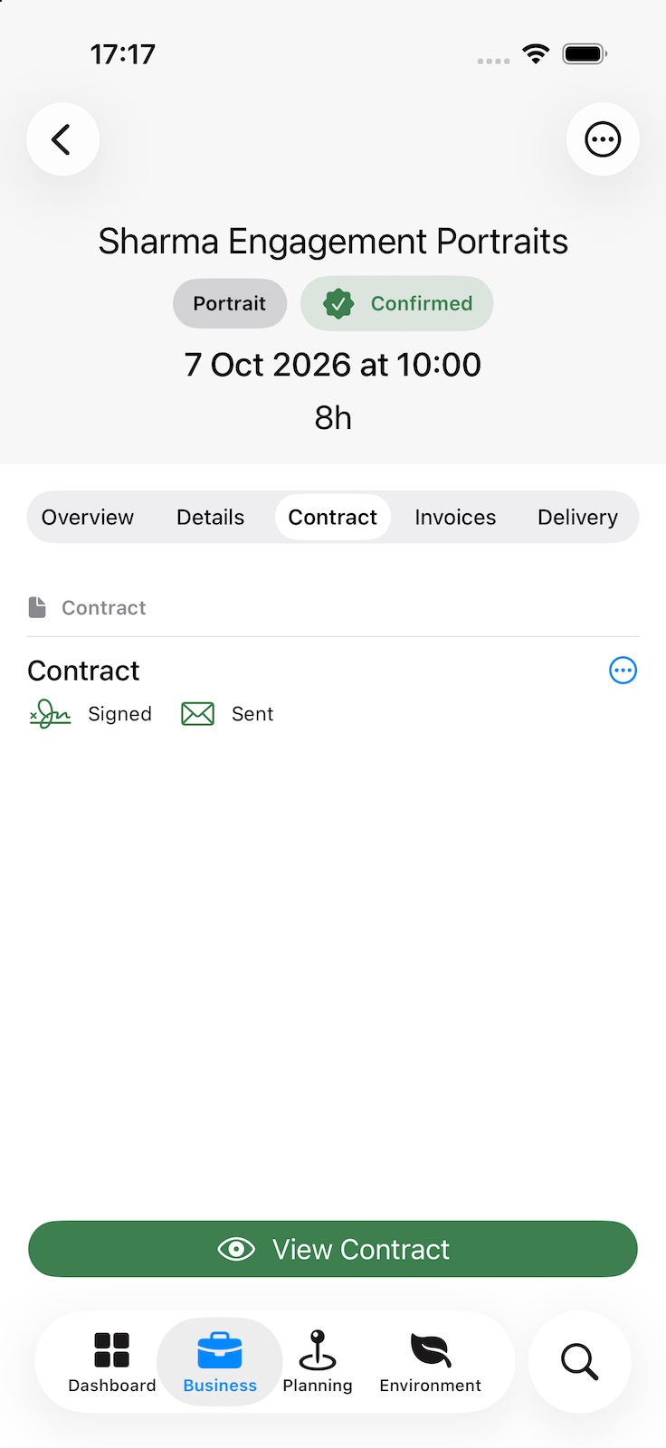 A booking’s Contract tab, marking the contract as sent and signed, with a View Contract button.