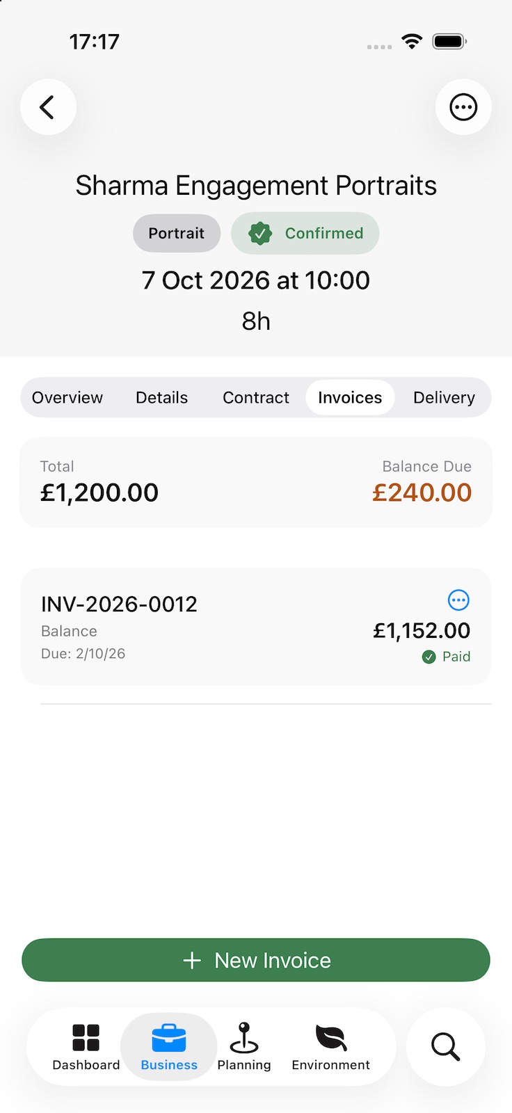 A booking’s Invoices tab: the total and balance due, an invoice marked paid, and a New Invoice button.