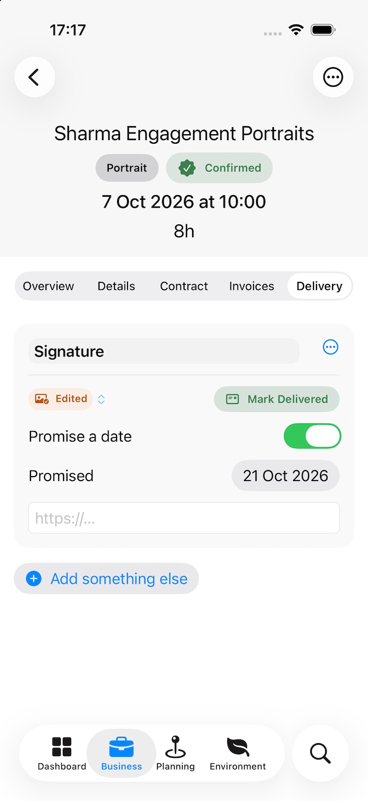 A booking’s Delivery tab: the package’s deliverable marked as edited, a Mark Delivered button, a promised delivery date, a space for the gallery address, and Add something else.