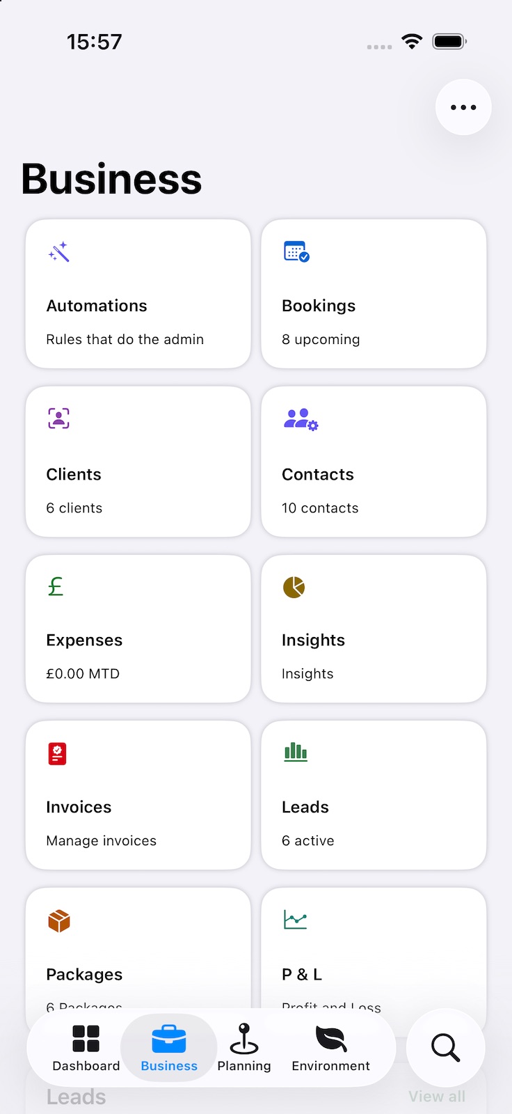 The Business landing on iPhone: a grid of cards for Automations, Bookings, Clients, Contacts, Expenses, Insights, Invoices, Leads, Packages and P & L, each with a one-line status such as “8 upcoming” or “6 active”.