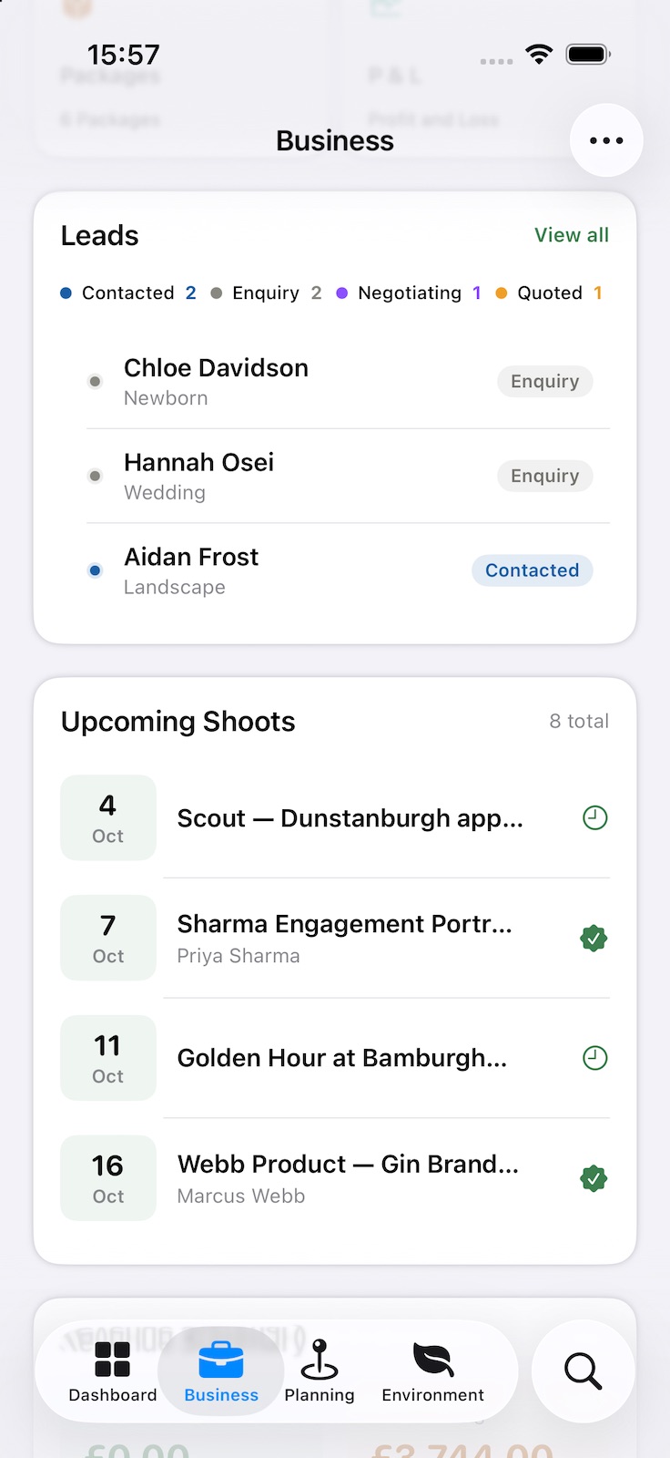 Further down the Business landing: recent leads with their stage, and upcoming shoots with date, client and whether each is confirmed.