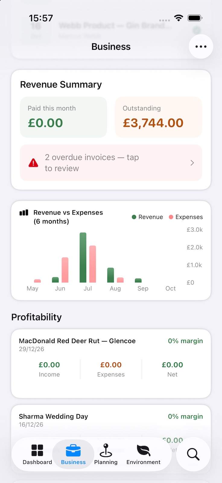 Revenue Summary showing paid this month and outstanding, a warning of two overdue invoices to review, and a six-month chart of revenue against expenses, above per-booking profitability.