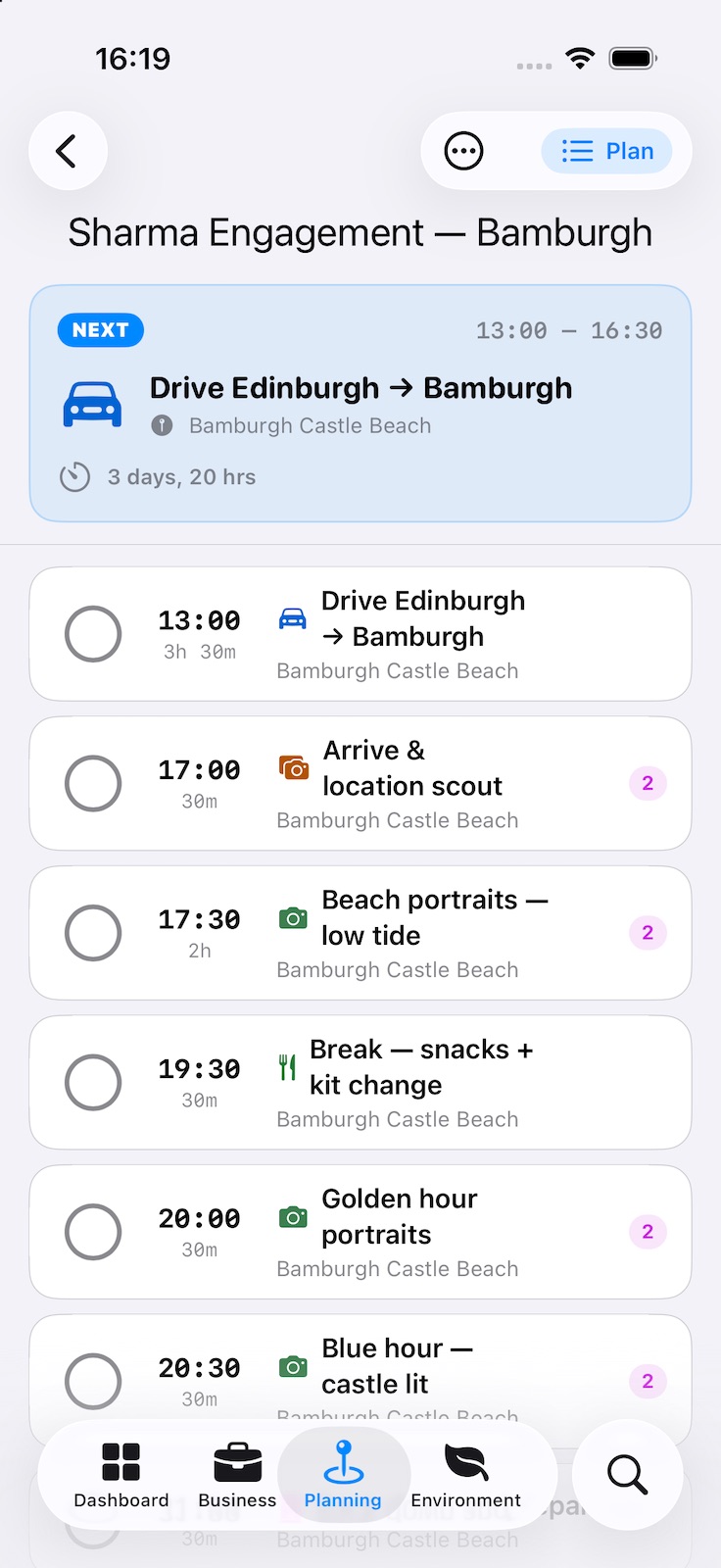 A call sheet in Plan view: the next slot highlighted with a countdown, then the day’s timeline — the drive, arrival and scout, low-tide beach portraits, a break, golden hour and blue hour — each with its start time, length and location.