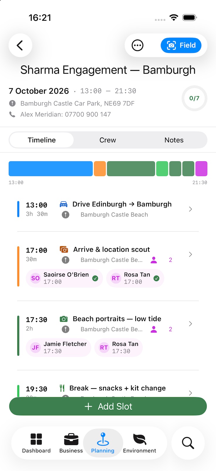 A call sheet in Field mode: the date, meeting point and contact, a coloured bar of the day’s slots, and each slot with the crew called for it and whether they have confirmed. Tabs for Timeline, Crew and Notes, and an Add Slot button.