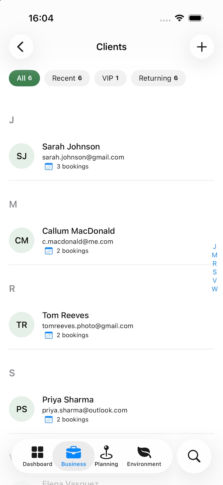 The Clients list, alphabetical with an index down the side, each client showing their email and number of bookings. Filters across the top for All, Recent, VIP and Returning.