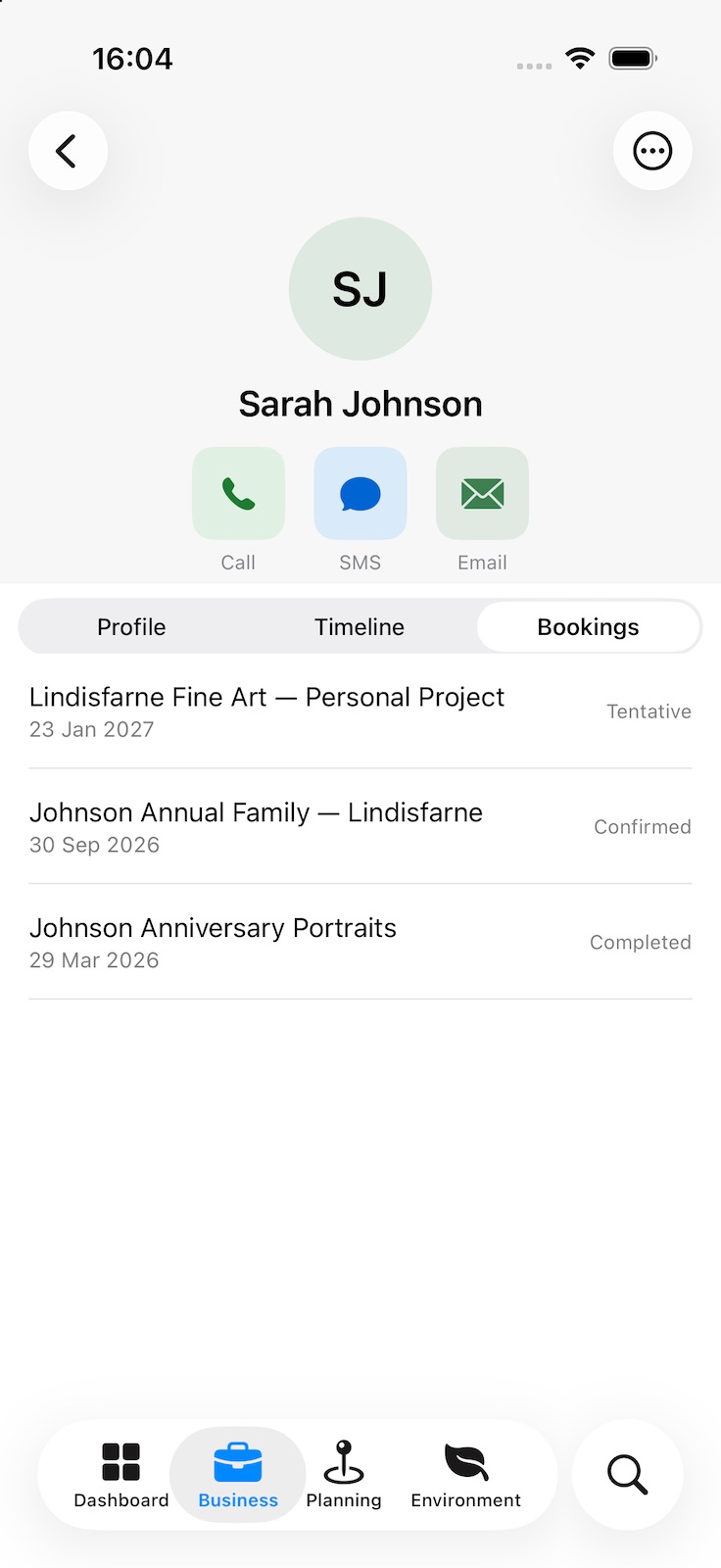 A client’s page with Call, SMS and Email buttons, and the Bookings tab listing their past and upcoming shoots with each one’s status. Profile and Timeline tabs sit beside it.