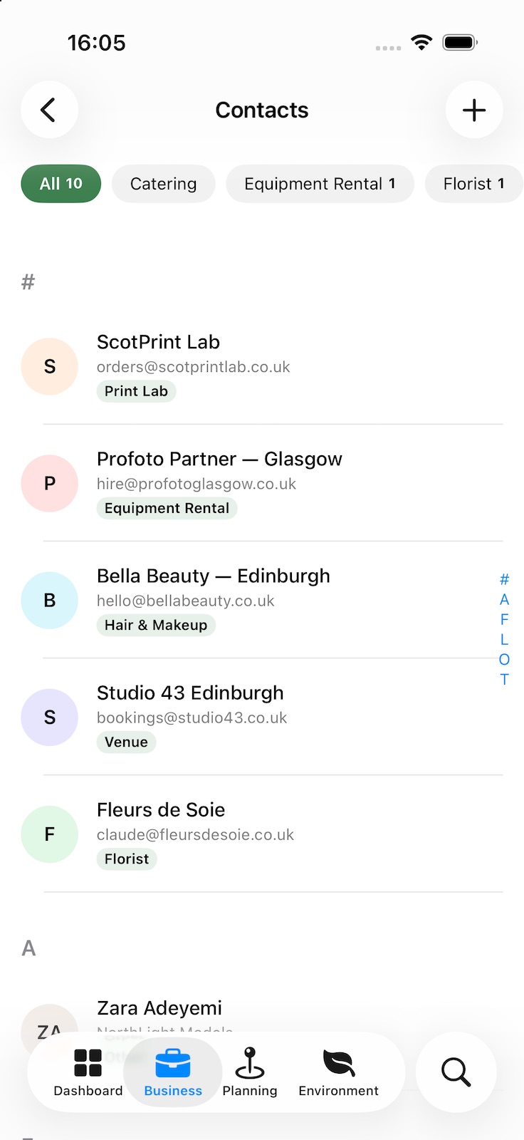 The Contacts list of suppliers — a print lab, equipment rental, hair and make-up, a venue and a florist — each with email and category, filterable by category.