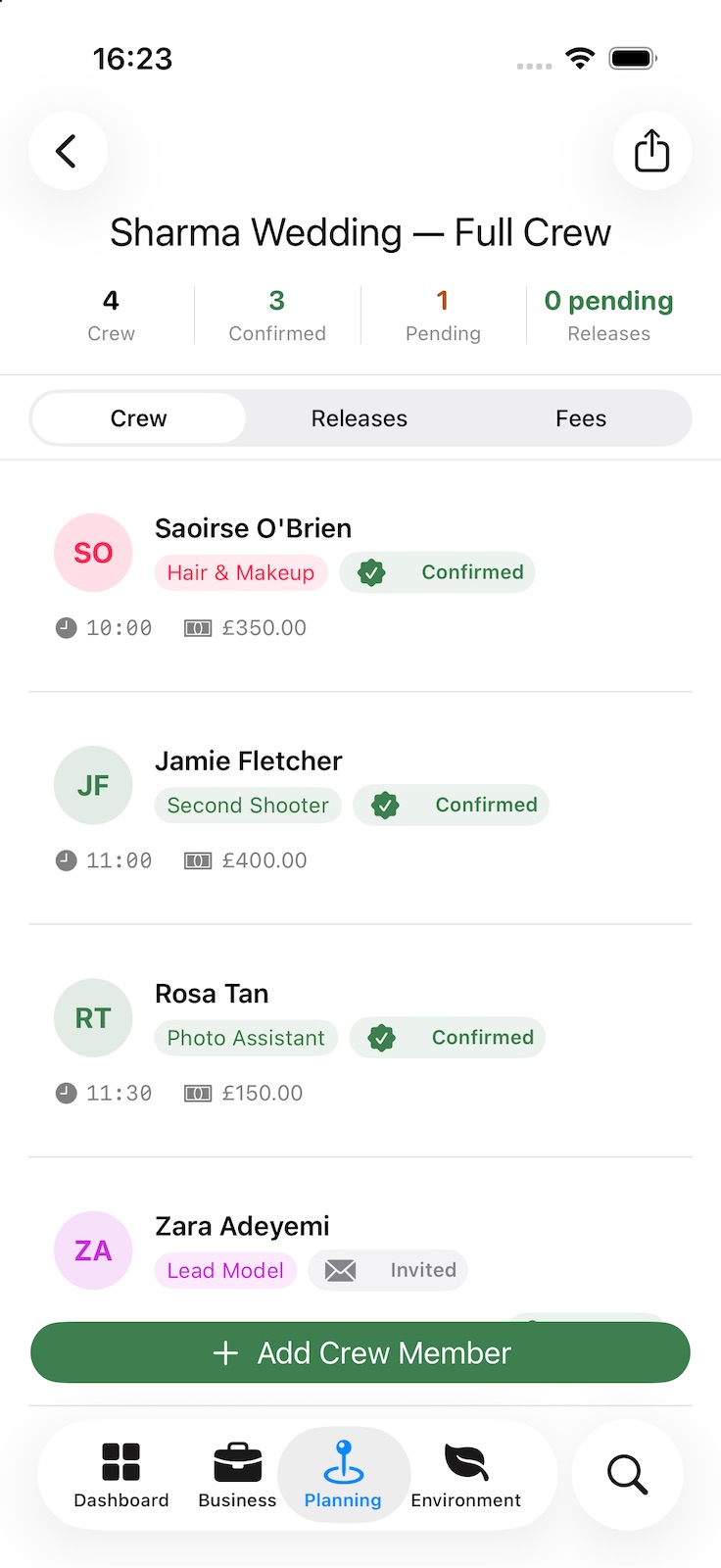 A crew roster: counts of crew, confirmed, pending and releases, then each person with their role, call time, fee and whether they have confirmed or only been invited.