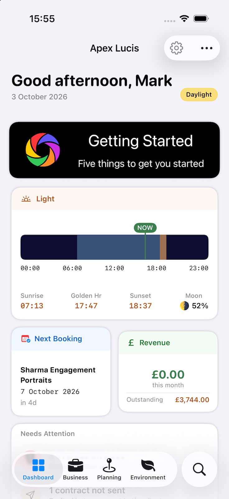 The Dashboard on iPhone: a greeting with the date, a Getting Started card, a light timeline for the day with sunrise, golden hour, sunset and moon illumination, then Next Booking and Revenue cards.