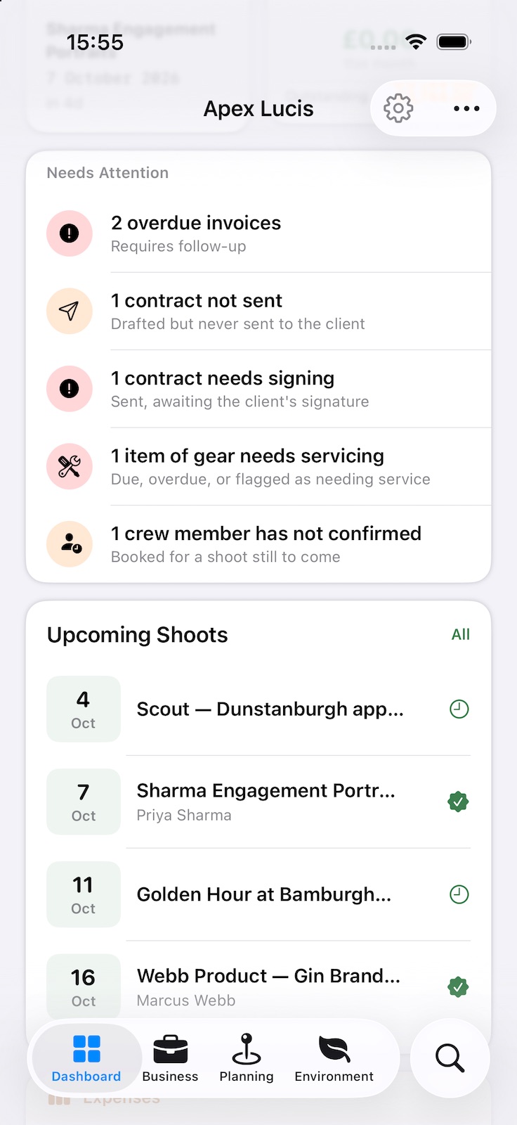 Further down the Dashboard: Needs Attention lists overdue invoices, an unsent contract, a contract awaiting signature, gear due a service and an unconfirmed crew member, above a list of upcoming shoots with dates and status.