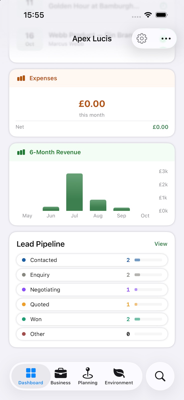 The bottom of the Dashboard: this month’s expenses, a six-month revenue bar chart, and the lead pipeline with a count for each stage from Enquiry to Won.