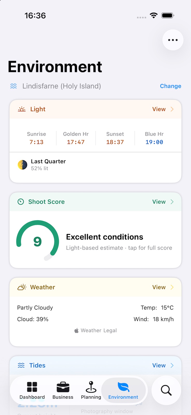 The Environment landing on iPhone for a chosen location: sunrise, golden hour, sunset and blue hour with the moon phase, a Shoot Score of 9 for excellent conditions, and the current weather.