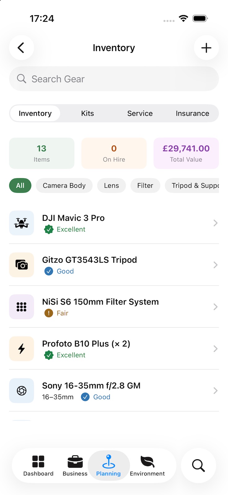 The gear Inventory: the number of items, how many are on hire and their total value, filters by type, and each item with its condition from Excellent to Fair.