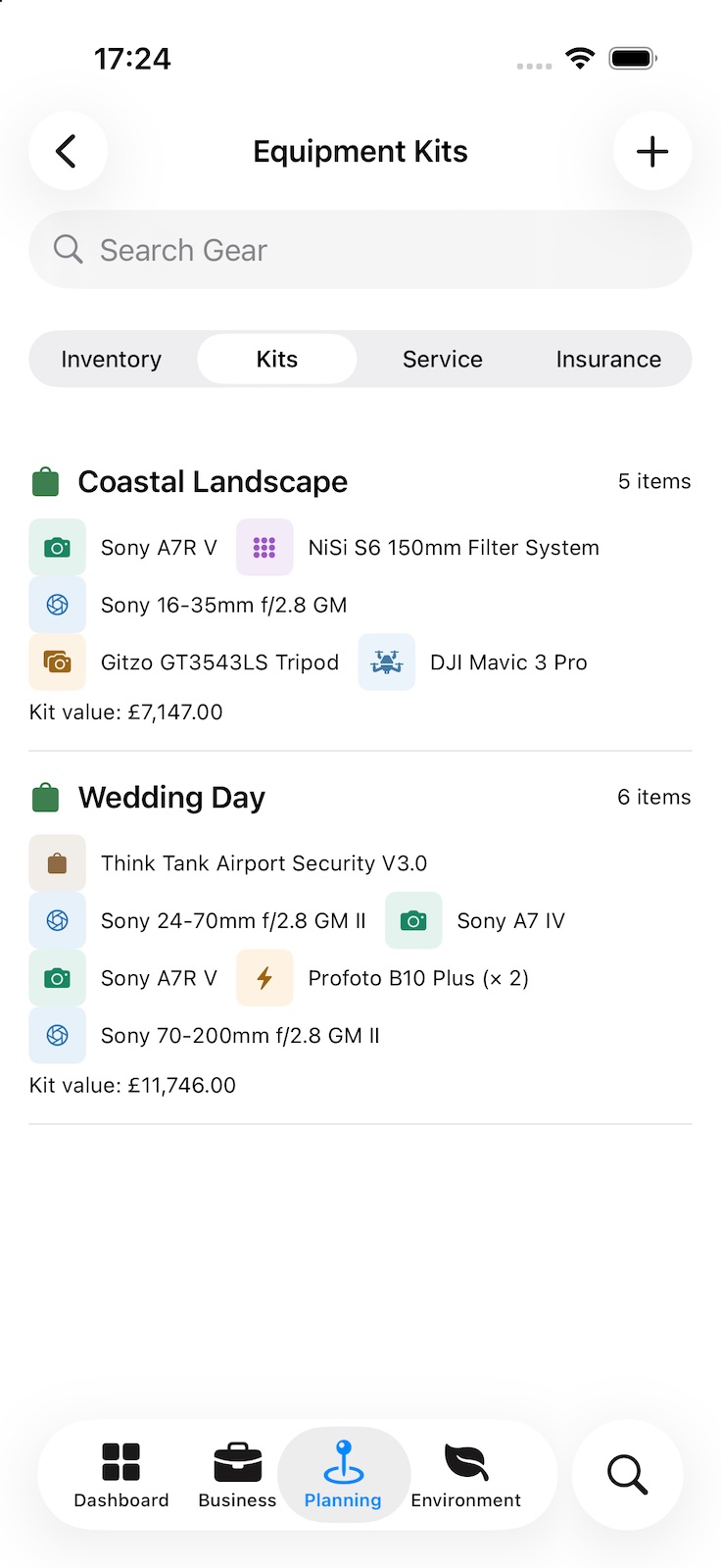 Equipment Kits: a Coastal Landscape kit and a Wedding Day kit, each listing its bodies, lenses, filters, tripod, lighting or drone, with the kit’s total value.