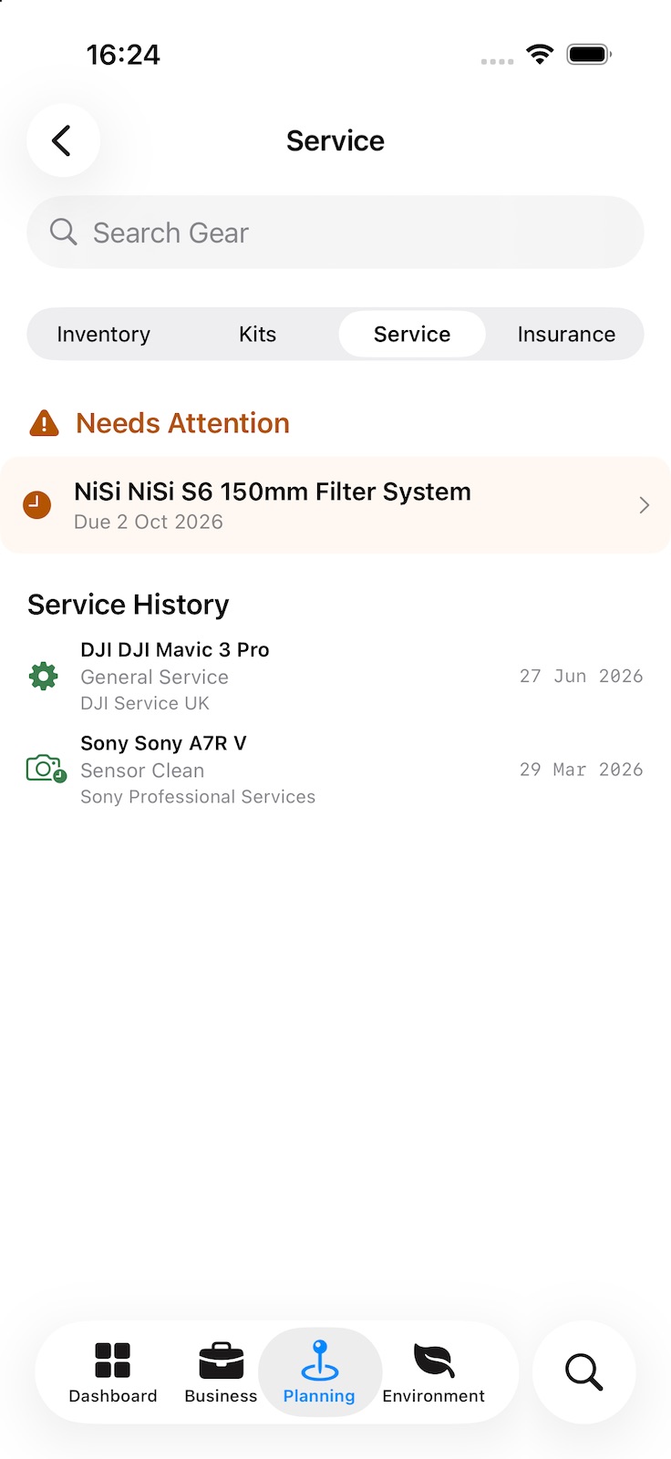 The Service tab: a filter system flagged as due a service, and a service history listing each job with who did it and when.