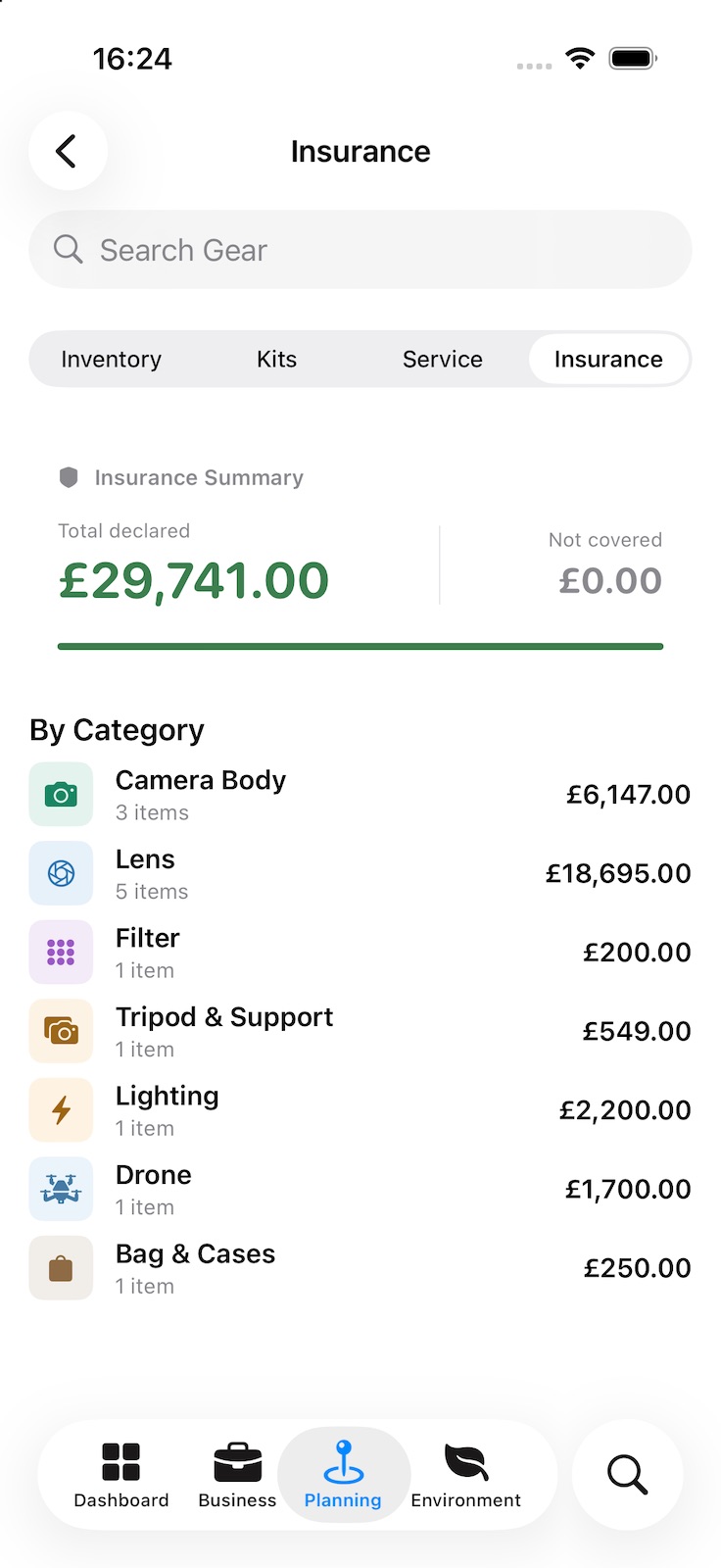 The Insurance tab: total declared value and the amount not covered, then value by category — camera bodies, lenses, filters, support, lighting, drone, bags.
