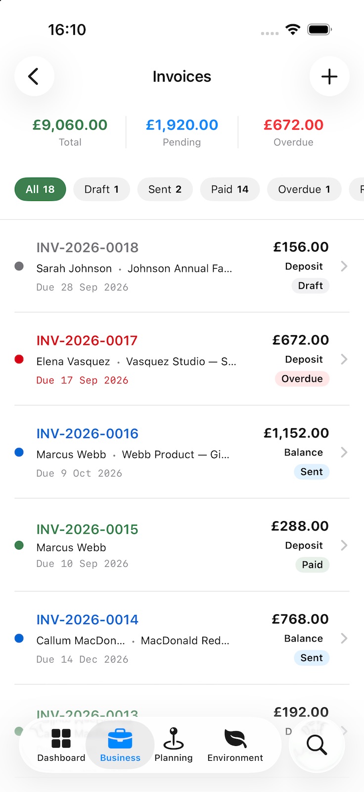 The Invoices list with totals for all, pending and overdue across the top, filters by status, and each invoice showing its number, client, booking, due date, amount, whether it is a deposit or balance, and its status.