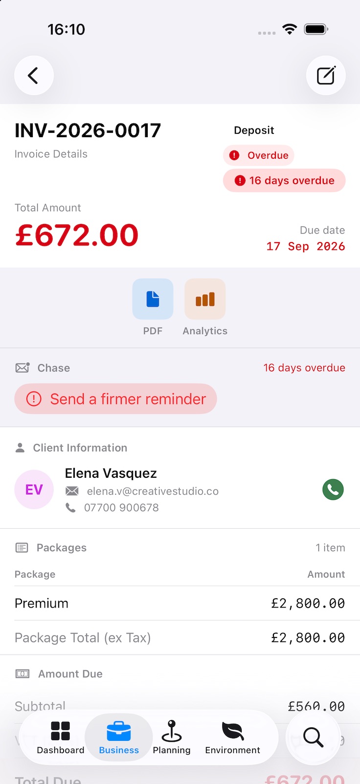 An overdue deposit invoice: the amount and due date in red, how many days overdue, PDF and Analytics buttons, a Send a firmer reminder prompt, the client’s details, and the package being invoiced.