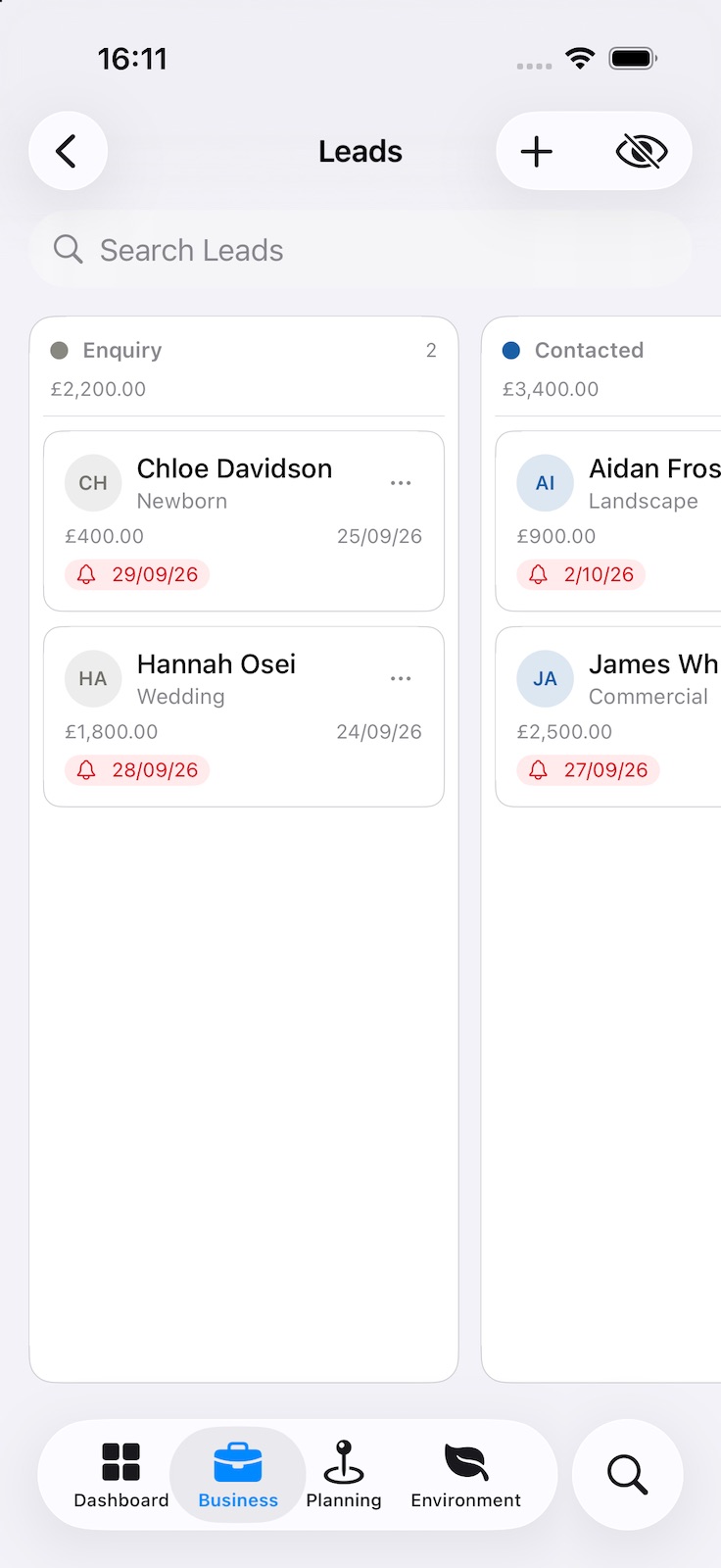 The Leads board, with a column for each stage — Enquiry, Contacted and on. Each lead card shows the name, shoot type, value, date of enquiry and a follow-up date.