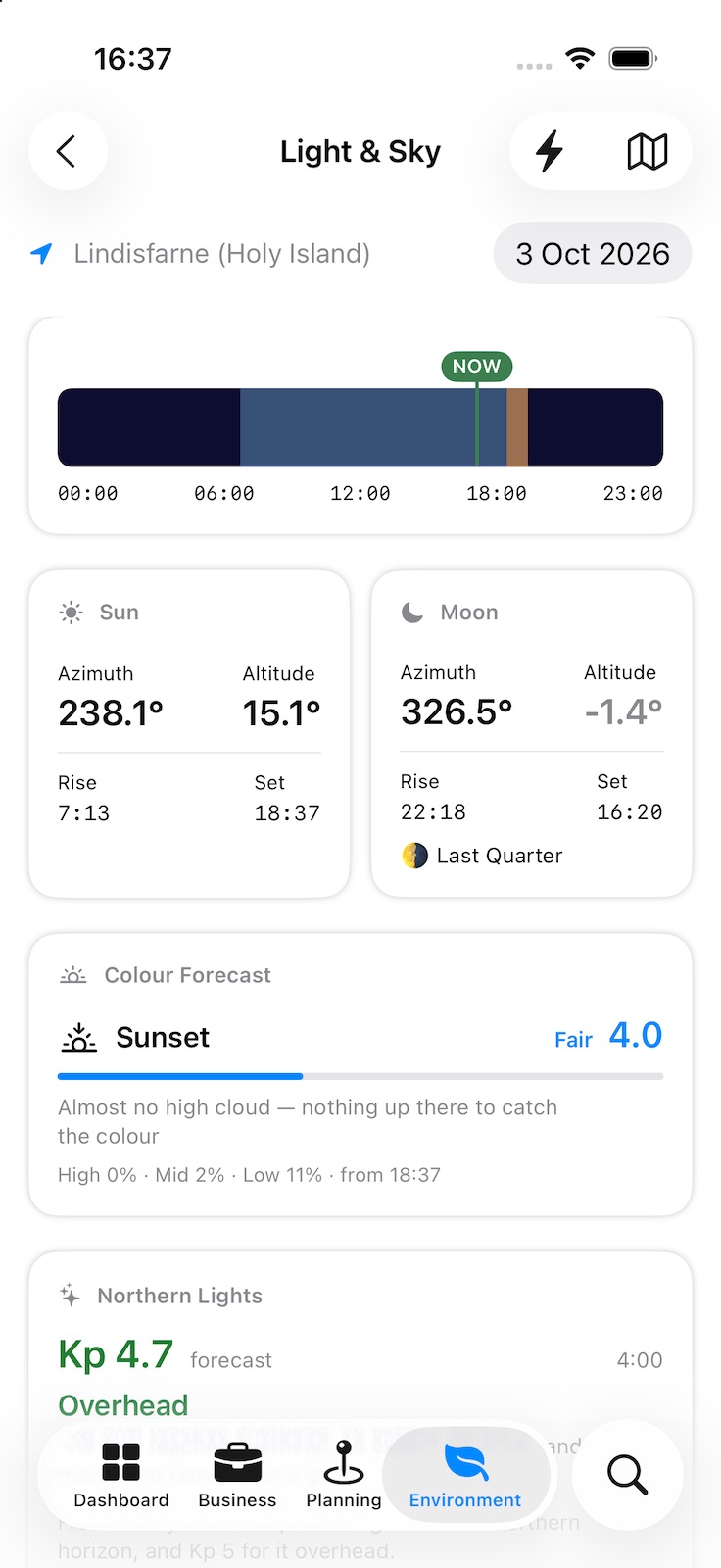 Light & Sky: the day’s light timeline, sun and moon cards with azimuth, altitude, rise and set, a sunset colour forecast from high, mid and low cloud, and the start of the northern lights forecast.