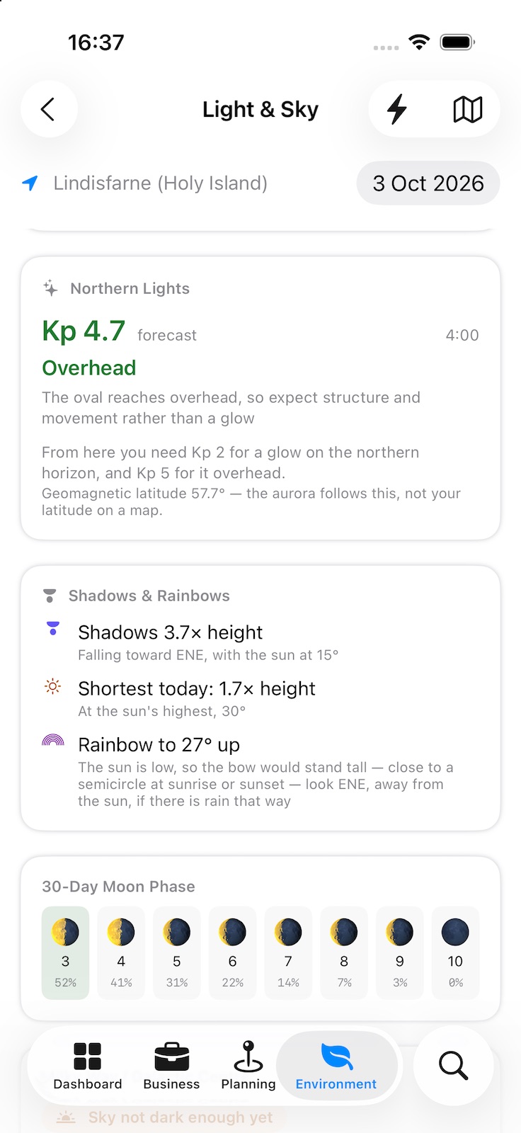 More of Light & Sky: the aurora forecast and the Kp needed to see it from here, how long shadows fall and in which direction, where a rainbow would appear, and the moon phase for the days ahead.