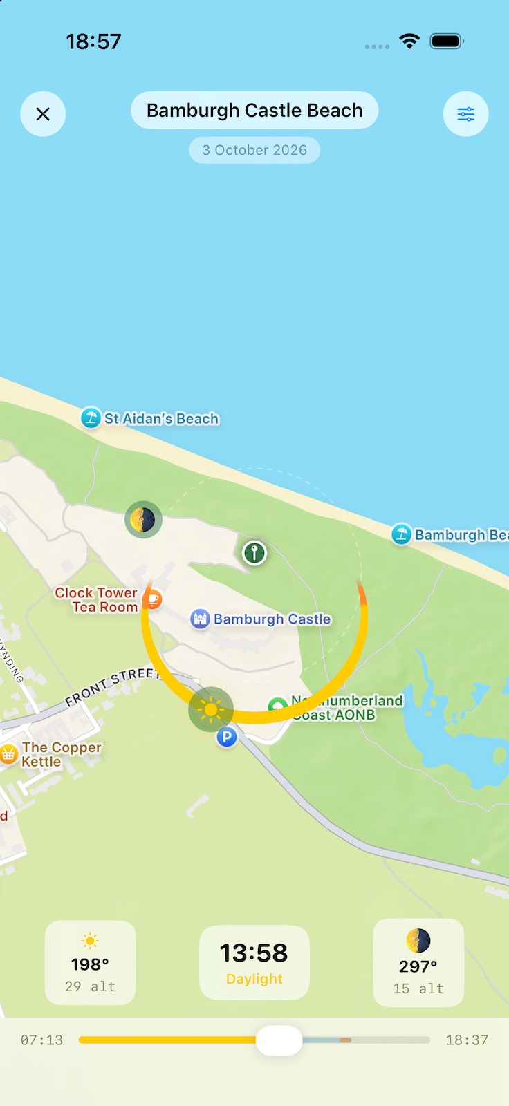 Map with a slider that lets you see where the sun and moon are at any time during a day