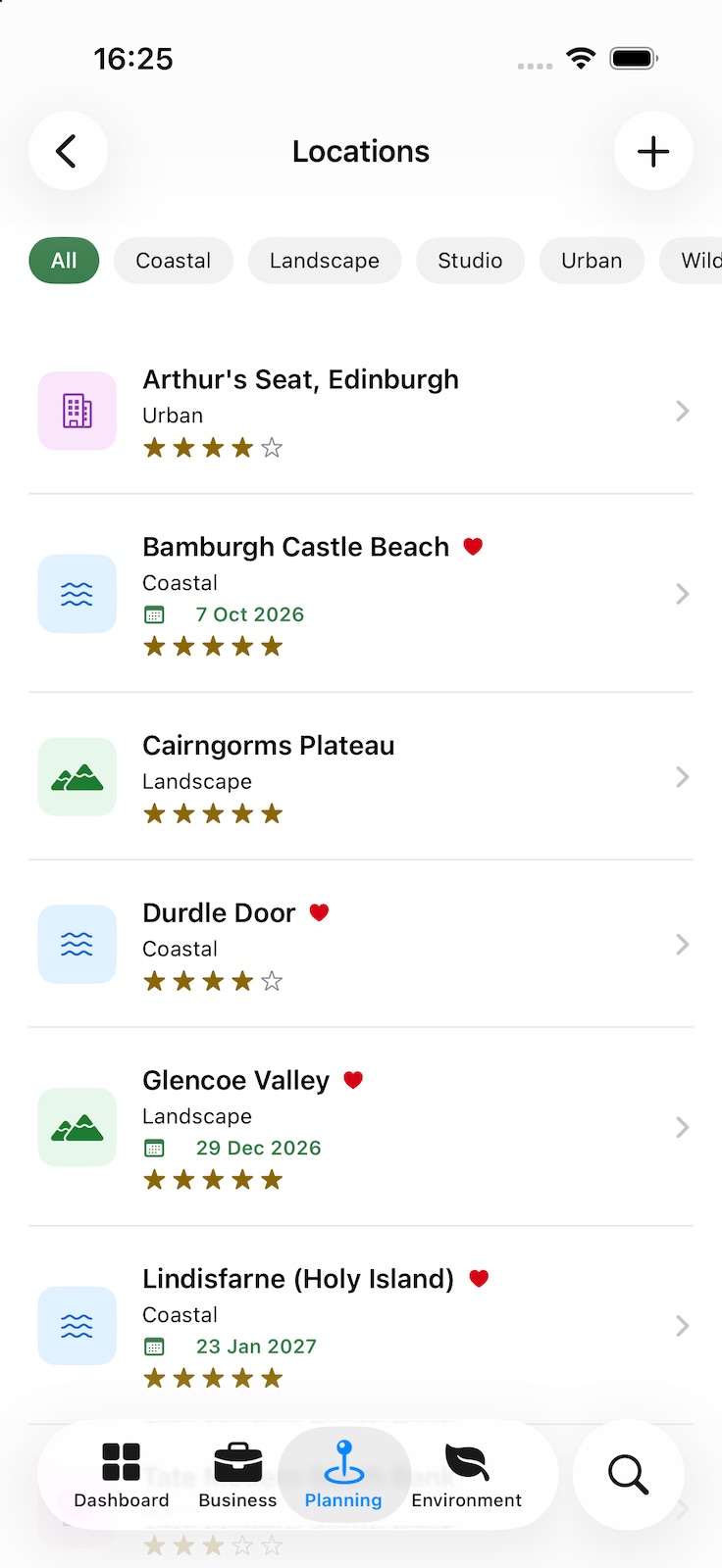 The Locations list, filtered by type such as Coastal, Landscape, Studio or Urban. Each location shows its type, star rating, a heart for favourites and the date of its next booking.