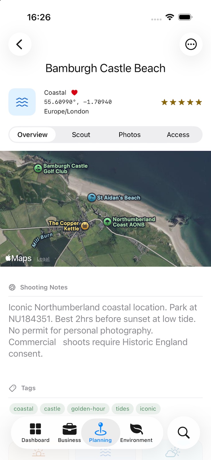 A location’s Overview: its coordinates, time zone and rating, a satellite map, shooting notes on parking, the best tide and light, and permissions, and tags such as coastal, golden-hour and tides.