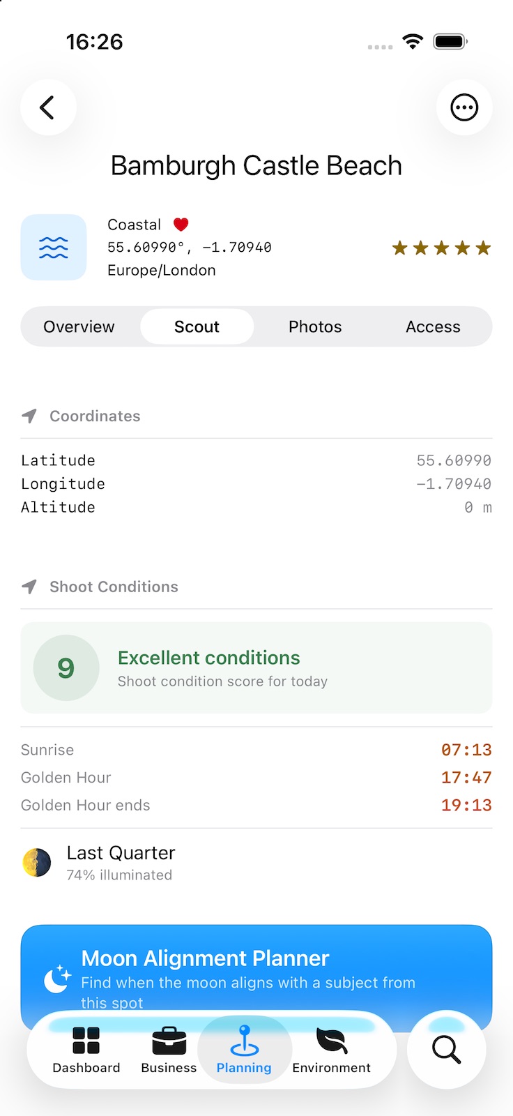 A location’s Scout tab: coordinates and altitude, today’s shoot condition score, sunrise and golden hour times, the moon phase, and a shortcut into the Moon Alignment Planner from this spot.