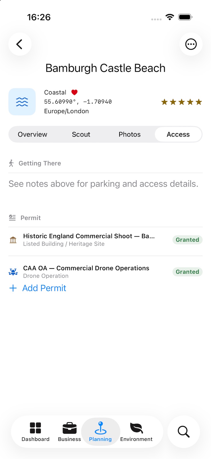 A location’s Access tab: getting-there notes, and the permits held for it — a heritage site commercial shoot and drone operations, both granted — with Add Permit.