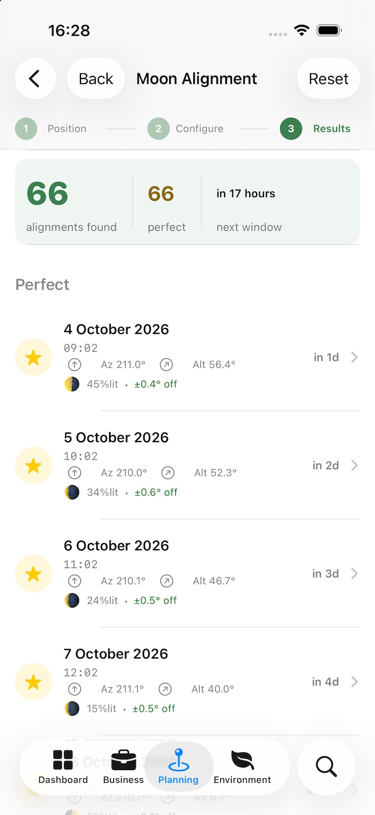 Moon Alignment results: the number of alignments found, how many are perfect and when the next one is, then each perfect alignment with its date and time, azimuth, altitude, illumination and how far off the line it falls.