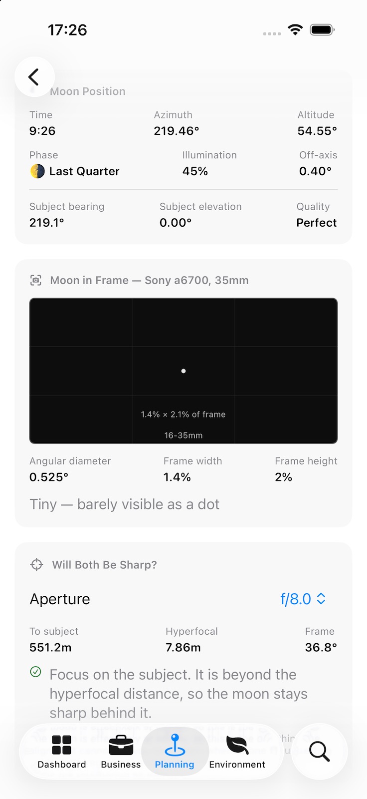 One alignment in detail: the moon’s position and phase, a preview of the moon in the frame of the chosen camera and lens, and a sharpness check at the chosen aperture against the hyperfocal distance.