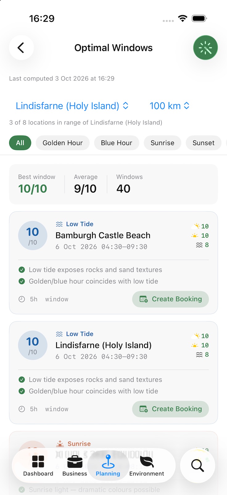 Optimal Windows results: the best and average scores and the number of windows found, then each window as a card with its score, type such as Low Tide, location, date and time, the reasons it scored well, and a Create Booking button.