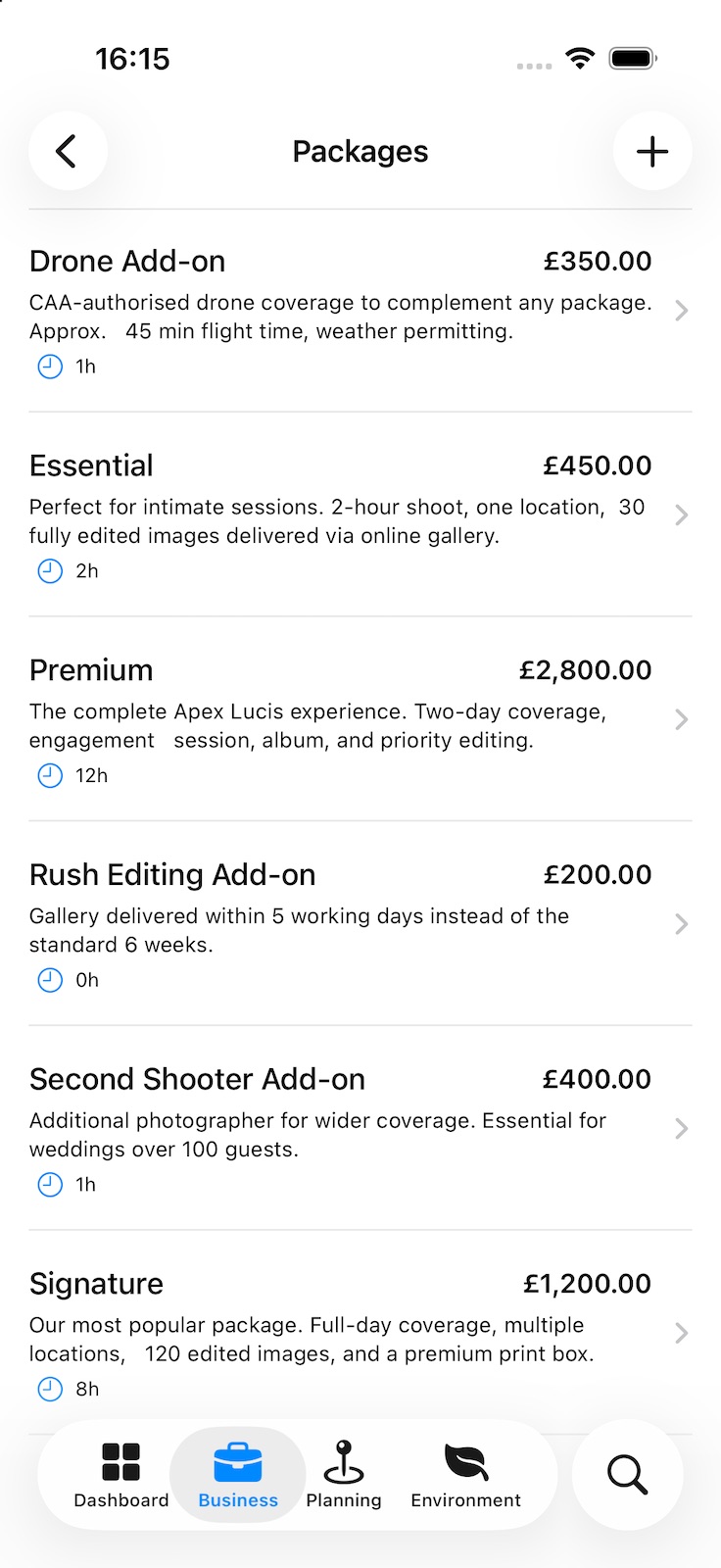 The Packages list — Drone Add-on, Essential, Premium, Rush Editing, Second Shooter and Signature — each with its price, description and session length.