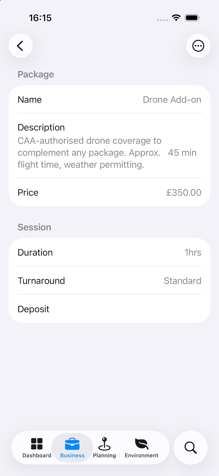 A package’s details: name, description and price, then the session’s duration, turnaround and deposit.