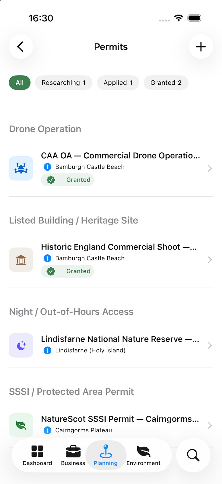 The Permits list, grouped by type — drone operation, heritage site, out-of-hours access and protected area — each with its location and status, filterable by Researching, Applied and Granted.
