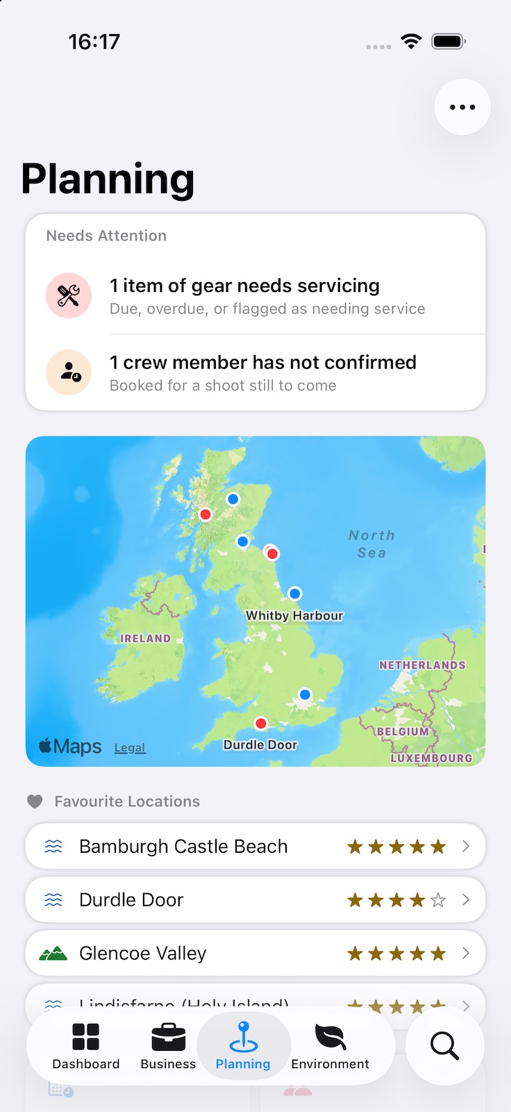 The Planning landing on iPhone: Needs Attention for gear due a service and an unconfirmed crew member, a map of saved locations across the UK, and favourite locations with their ratings.