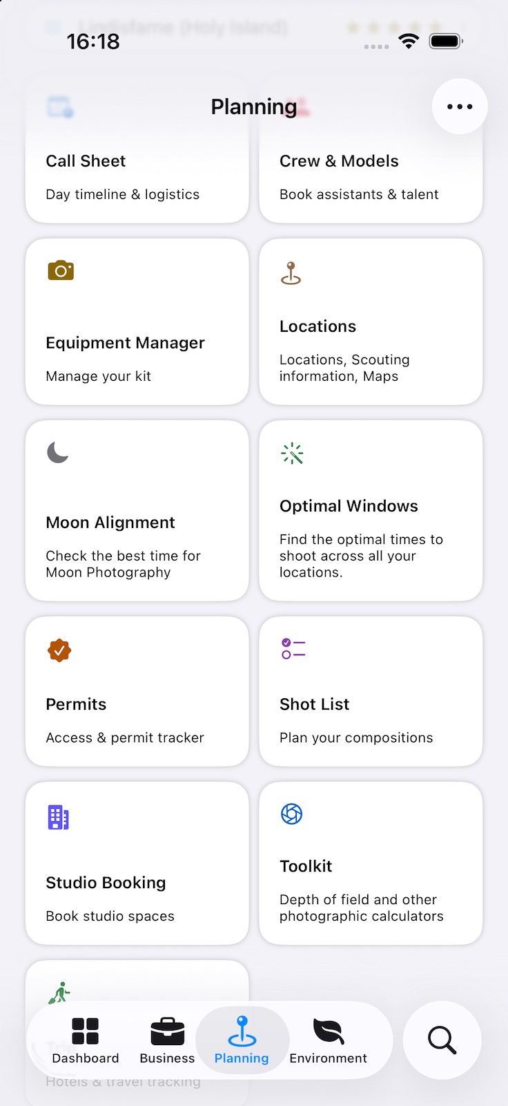 The Planning tools as cards: Call Sheet, Crew & Models, Equipment Manager, Locations, Moon Alignment, Optimal Windows, Permits, Shot List, Studio Booking, Toolkit and Trip.