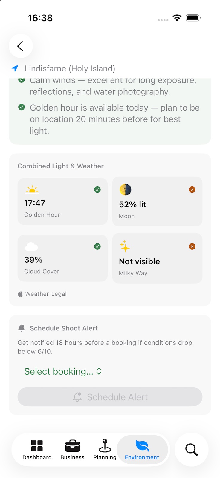 More of the Shoot Score: advice for the day, golden hour, moon, cloud cover and Milky Way at a glance, and an alert you can schedule for a booking if conditions drop.