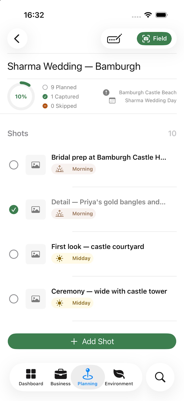 A wedding shot list: progress with planned, captured and skipped counts, the location and booking, and each shot with the light it needs — morning, midday or golden hour.