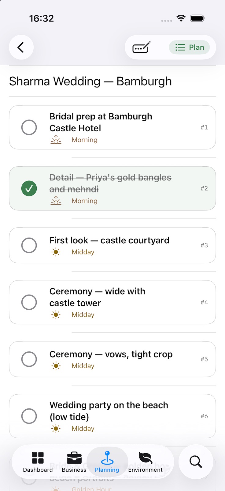 The same shot list in Field mode, with larger rows to tick on the day. A captured shot is struck through and highlighted.