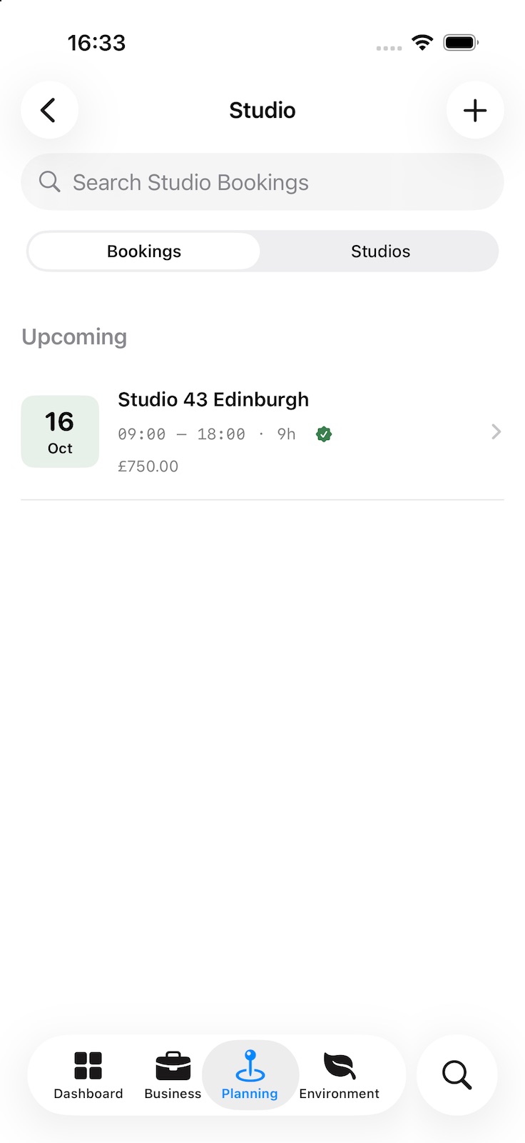 Studio bookings: an upcoming hire with the date, hours, cost and a confirmed tick. A Studios tab lists the studios themselves.