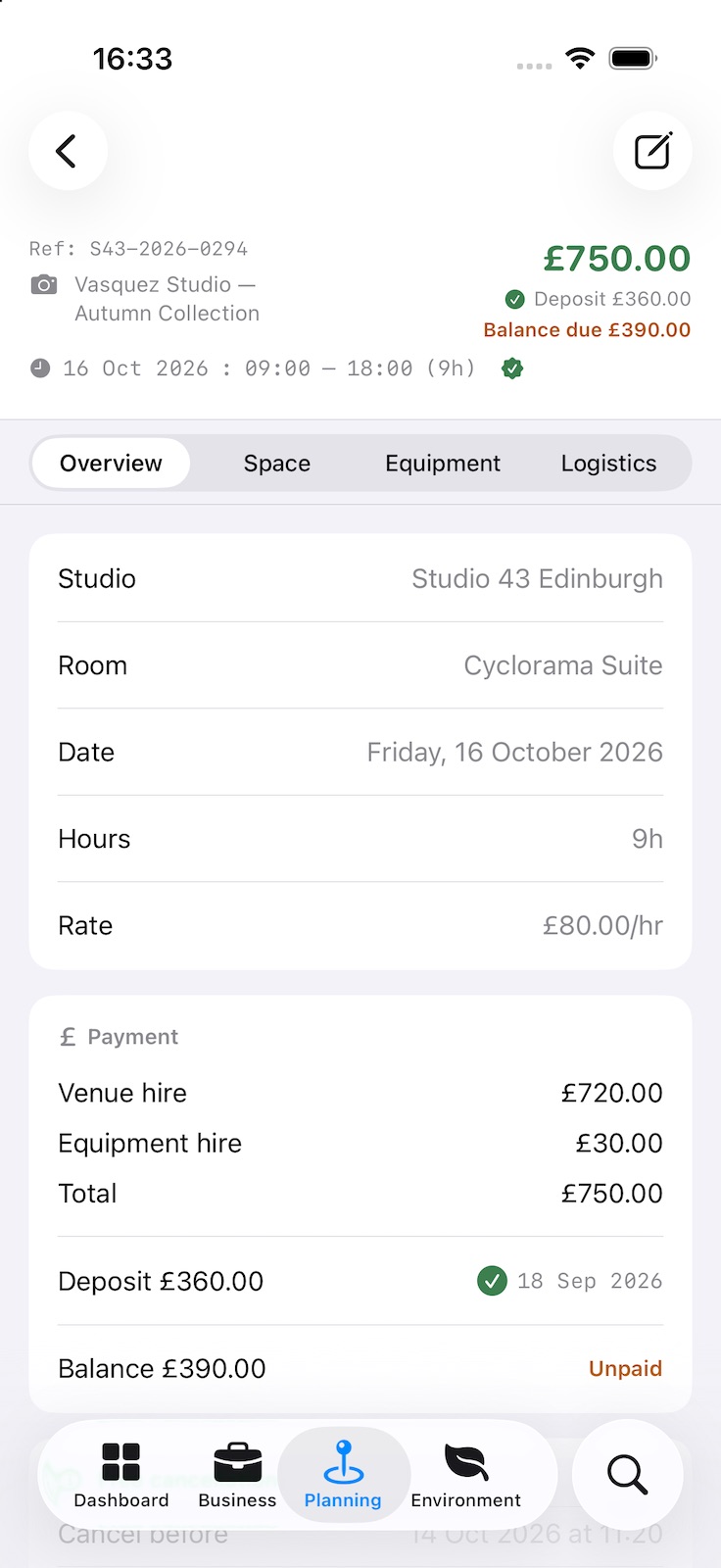 A studio booking’s Overview: the studio, room, date, hours and hourly rate, then payment — venue and equipment hire, the total, a paid deposit and the balance still to pay.